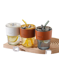 Tasse à café en verre gris ambré de luxe de 450ml 15oz Design créatif avec couvercle en cuir portable et paille-Verres de qualité supérieure