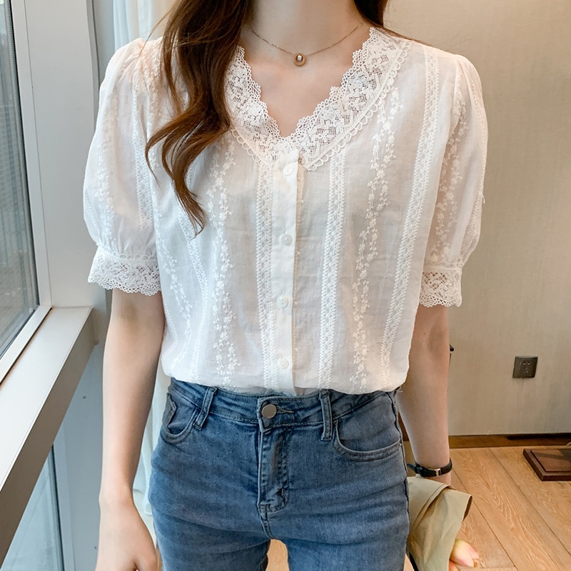 Shop Our Summer Short Sleeve White Blouse With Lace V-neck