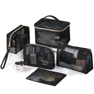 Free Sample Sophisticated Travel Essentials Black And Gold Mesh Packing Cube Set With Zipper