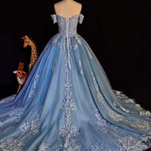 Robes de soirée 9508 2022, col rond, dentelle, épaules dénudées, manches courtes, longueur maxi, couleur unie, robe de soirée en mousseline de soie - Product Image 5