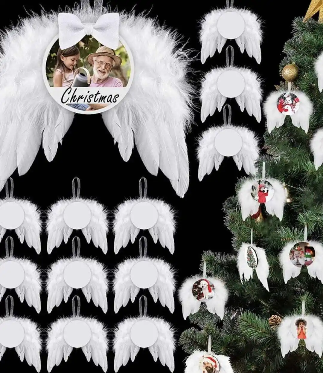 Sublimatie Blanks Printable Ronde/Hart Kerst Ornamenten Met Feather Angel Wing Voor Xmas Boom Decoratie