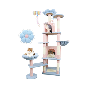 Blauw Hout Hoge Kat Boom Toren Milieuvriendelijke Afneembare Bloemkussens 2 Verbergende Appartementen Interactieve Krabpalen Indoor Katten - Product Image 1