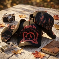 Casquette Trucker Noire Street Snapback avec Imprimé Flamme Rouge, Personnage de Dessin Animé Diable, Broderie de Lettres Gothiques en Strass pour Hommes Mexicains