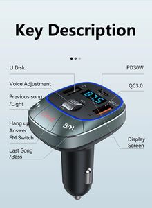 Kit de Manos Libres Bluetooth T76 con Cargador USB Multifunción, Kit Inalámbrico para Automóvil con Cargador Rápido PD30W, Compatible con Tarjeta TF - Product Image 4