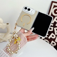 Coque de téléphone magnétique en PC effet miroir pour iPhone Duo 18 Fold, avec chaîne perlée, protection intégrale, cadeaux girly en gros