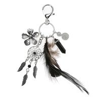 Naturale di Modo Portachiavi In Argento Placcato Hollow Fiore Zinic Lega di Piuma Nera E Opal Pietra Dreamcatcher del Sacchetto del Keychain Della Catena
