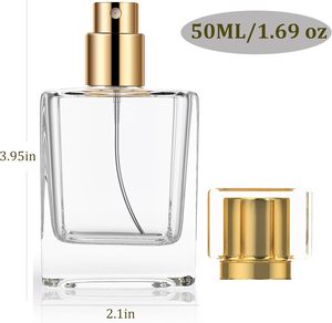 Flacon de parfum carré plat en verre élégant de 50 ml, vide, en cristal, pour voyage, rechargeable, avec bouchon pulvérisateur à vis - Product Image 3