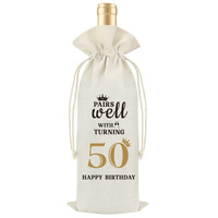 Sac à vin en lin VELENTI pour 50e anniversaire avec cordon de serrage et citation humoristique – Cadeau idéal pour femme, meilleure amie, épouse, maman, collègue, sœur