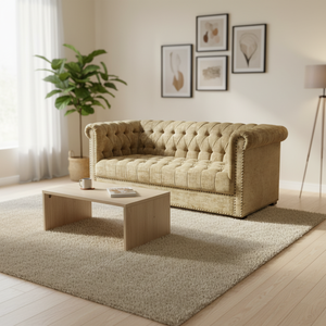 <span class=keywords><strong>Canapé</strong></span> triple vintage en velours doré avec garniture cloutée, accoudoirs roulés et rembourrage profond à boutons, pour hall d'hôtel - Product Image 4