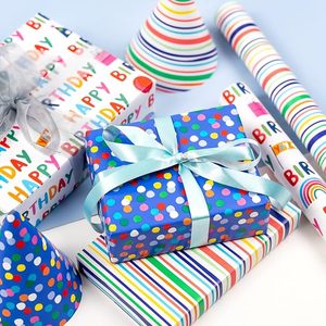 Papel de Regalo Impreso de Feliz Cumpleaños, Rollo de Papel de Regalo al por Mayor de 17 Pulgadas con Diseño de Rayas y Puntos Coloridos para Niños y Adultos - Product Image 6