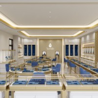 Vitrine de luxe Sundo pour bijoux, présentoir bleu rétroéclairé, niche murale dorée, fabricant d'agencements de magasin