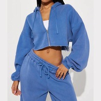 Ensemble de survêtement personnalisé pour femme, comprenant un sweat à capuche court zippé à ourlet effiloché effet délavé vintage et un pantalon de survêtement large, 2 pièces