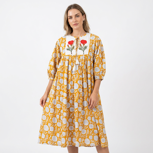 Vestidos Casuales Modernos y Elegantes de Algodón Puro para Mujer, Silueta en A, Estampado Floral, Midi, Cuello Redondo, Manga Abullonada, Transpirable - Product Image 1