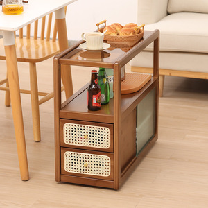 Japanese Style Movable Glass Side <b>Table</b> Rattan Sofa Cabinet Walnut Wood Coffee <b>Table</b> Living Room Corner <b>Table</b> New Design - Product Image 2