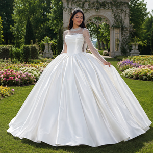 Lscm92 Modern Elegant Ivory Ball Gown <b>Wedding</b> Dress Beaded Illusion Satin Bridal Gown Pleated Corset Puffy Full Skirt Chapel - Product Image 1