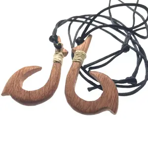 3D Hand Carving Wood Hook Pendant Necklace With Black Rope and Native Rope around the Hook