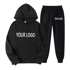 Ensemble de survêtement 2 pièces personnalisé pour homme : sweat à capuche et pantalon de jogging, imprimé ou vierge, noir - Product Image 1