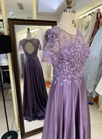 Robe de Soirée Courte Élégante Lavande à Manches Courtes, Broderie Dentelle, Dos Découpé Perlé, en Satin Coupe A-Line, Robe de Bal 2027, Vente en Gros Fournisseur
