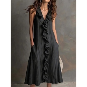 Vestido midi sin mangas con cuello en V para mujer, con volantes verticales, bolsillos laterales delanteros, holgado, fluido, mezcla de lino, informal, para vacaciones - Product Image 1