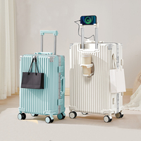 Valise à roulettes en aluminium tendance 2024, vente chaude, avec porte-gobelet, support de téléphone, prise de charge USB, bagages multifonctionnels en ABS