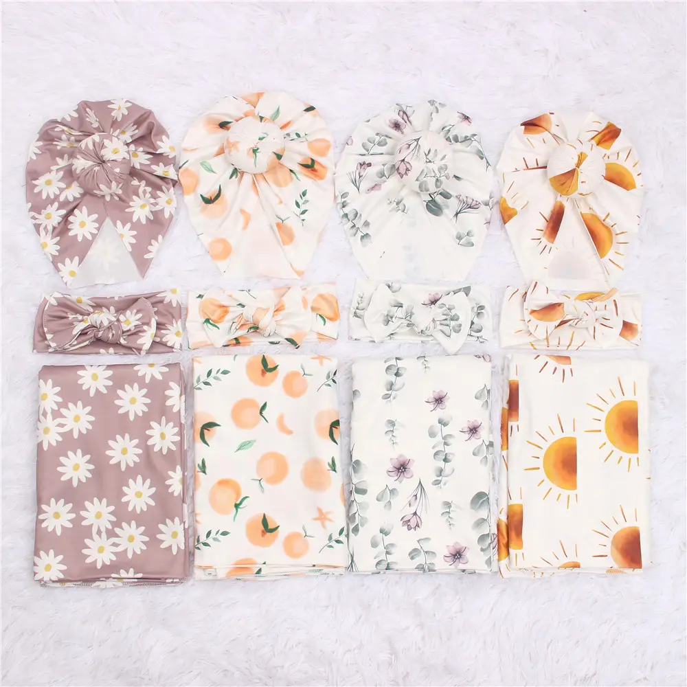 Newborn Gift 3 Pcs Set Floral Bamboo Rayon Swaddle Donut Knot Turban Hat Bowknot Headband Muslin Blanket Wrap Set
