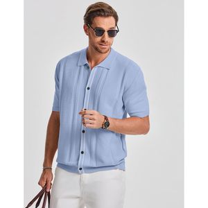 Chemise à Boutons en Tricot pour Homme FOXA, Manches Courtes, Respirante, Décontractée, pour les Vacances, Polo en Coton Bleu Clair - Product Image 2