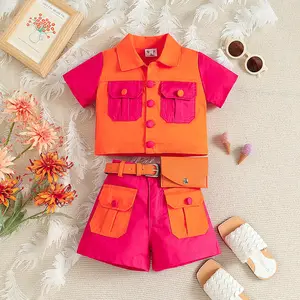 2023 Knitted Baby Girls Boutique Color splicing Top with Shorts and Bag 3 pcs Baby Girl Kids Breathable Summer Clothing Sets