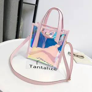 2023 New Women's Fashion Fancy Laser Reflective PU Handbag with Drawstring Organizer Bag Summer Shiny Laser Beach Bag