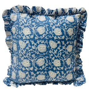 Fundas de cojín decorativas rectangulares bohemias indias, Fundas de cojín decorativas con volantes florales con estampado de bloques hechos a mano - Product Image 1