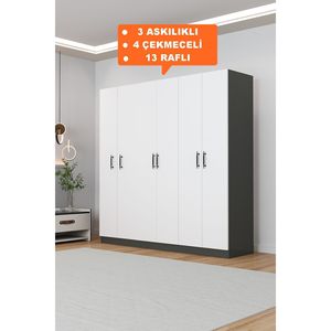 Armoire moderne KALE à 6 portes avec 4 tiroirs et 13 étagères, porte en verre, armoire de rangement gain de place pour la chambre à coucher, pour le rangement des vêtements - Product Image 6