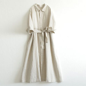 Abito Lungo Casual da Donna in Lino a Maniche Lunghe, Tinta Unita, con Colletto a Risvolto, Bottoni e Cintura in Vita, Vestibilità Ampia - Buongiorno - Product Image 3