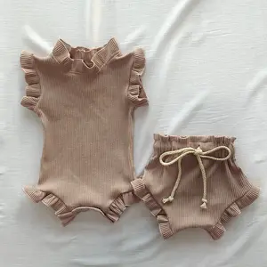 Q30223-peleles y pantalones cortos con volantes para bebés, ropa de lino personalizada de fábrica para recién nacidos, verano, 2 piezas