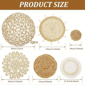 Paquete de 8 tapices de mimbre tejido hecho a mano redondo elegante rústico para colgar en la pared decoraciones de pared para el hogar exhibición de lujo - Product Image 2