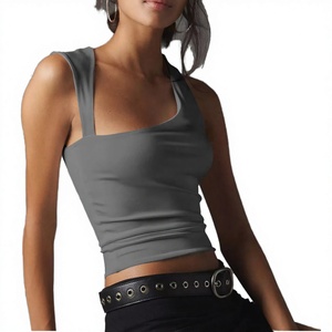 Women Solid Color Square Neck Spaghetti Strap Seamless <b>Crop</b> <b>Top</b> Fitness Yoga Bra Medium <b>Support</b> Activewear - Product Image 2