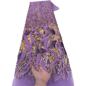 Tessuto in pizzo francese di lusso NI.AI Aso Ebi con perline e ricami di paillettes, pizzo africano fatto a mano con perline per decorazioni nuziali - Product Image 1