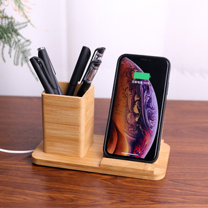 Pemegang pena bambu, kreatif 10W pengisian daya nirkabel kayu Solid tingkat Tunggal penyusun kantor pengisi daya ponsel hadiah - Product Image 1
