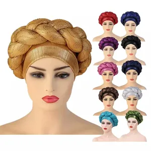 Women Latest Nigerian Aso Oke Headtie Fashion African Braided Headwrap Muslim Rhinestone Turban Cap