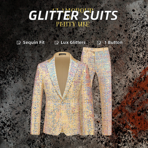 高級シングルブレスト1ボタンウェディングスーツメンズスパークリングゴールドスパンコールスーツツーピースセットジャケット + ズボンパーティーウェア - Product Image 2