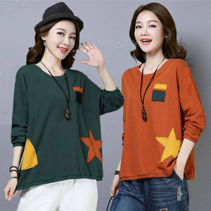 Women's Long Sleeve Cotton T-Shirt Loose Fit Color Block <b>Patchwork</b> Korean Style <b>Top</b> Spring Autumn Winter 2025 New Fashion - Product Image 2