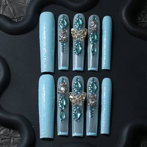 Uñas postizas acrílicas cuadradas de alta gama hechas a mano al por mayor, diseño de mariposa con diamantes de imitación, personalización disponible. - Product Image 3