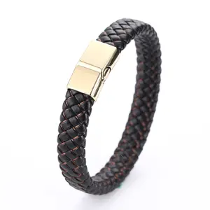 Wholesale Custom Men's Leather Bracelets with Gold Plated Magnetic Clasp Diamond and Pearl Stone Classic Style for Weddings