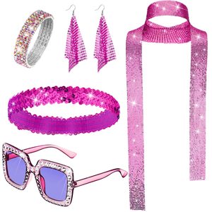Disco Accessories Women's <b>Sequin</b> Scarf Earrings Bracelet Sunglasses Crystal Rhinestone Party Costume Jewelry Set - Product Image 5