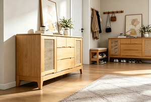 Modern Solid Wood Living Room Cabinet with 3 Drawers and Woven Panel Doors Scandinavian Design Storage Furniture - Product Image 2