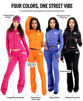 Ensemble 2 pièces pour femme OEM ODM en molleton 100 % coton, comprenant un sweat à capuche zippé imprimé décontracté et un pantalon évasé, longueur standard, col marin