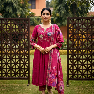Conjunto de Kurti Floral Bordado Tradicional para Mujer con Chal de Chifón, Ropa Casual de Algodón, Atuendo de Primavera/Verano, Estilo India/Pakistán - Product Image 2