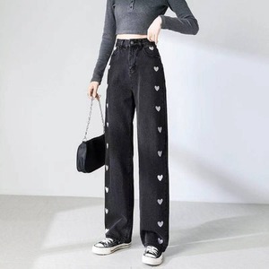 Pantalones vaqueros de mezclilla con corte de corazón, de cintura alta, pierna recta, holgados y fluidos, hasta el suelo, para mujer, a la moda - Product Image 1