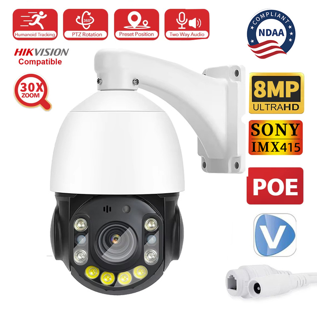 8MP 4K Outdoor Network IP Security Poe Ptz Camera 30x Zoom Auto Tracking 120m IR Distance NVR Support Night Vision Imx415 Sensor