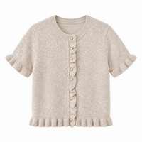 Damen Kurzarm-Strickjacke mit Knopfleiste, Rüschenbesatz, Weich, Elegant, Leicht, Sommer-Pullover-Oberteil