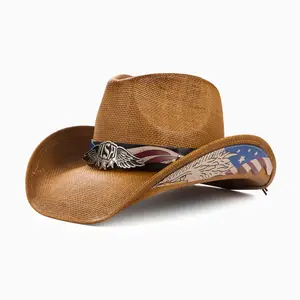 Neuer Vintage Qualität Ritterhut für Unisex amerikanischer Western Cowboy Gürtel Zubehör Herren Sommer Schatten flacher Oberteil Stroh Jazzhut