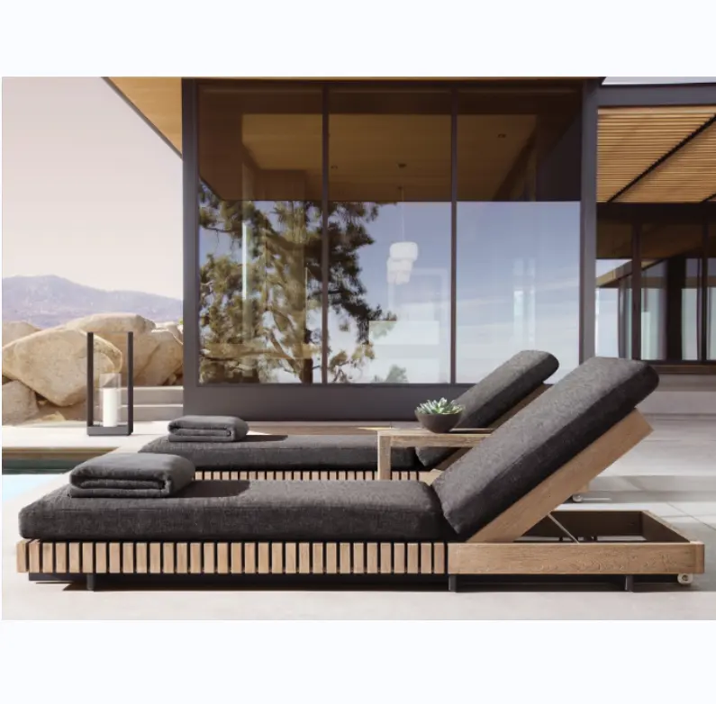 Modern fora do hotel teca madeira piscina cadeira ajustável praia ao ar livre espreguiçadeira com mesa lateral